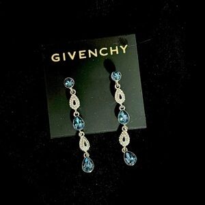 Givenchy Blue Crystal Drop Earrings Silver Tone